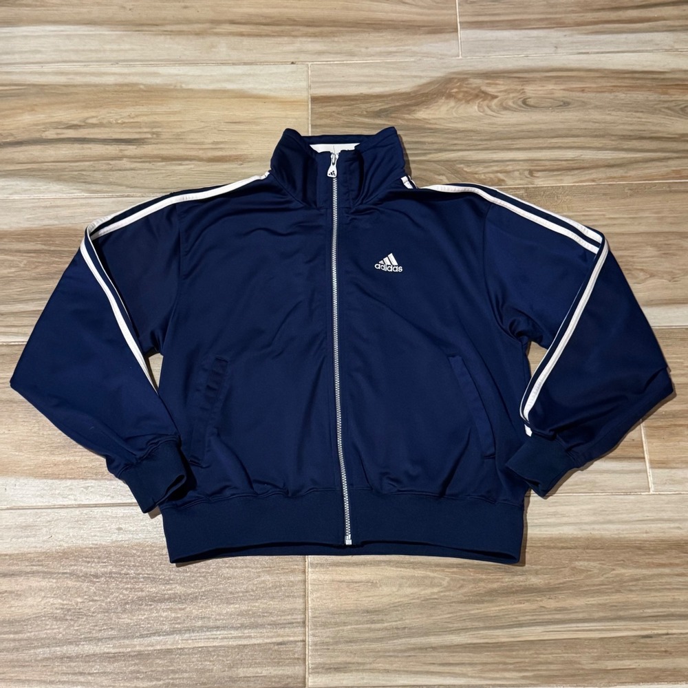 Vtg 90s Y2K Adidas Full Zip Track Jacket Navy Blue White 3-Stripe Men's Large